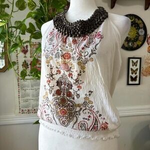 Y2K‎ Almost Famous Size XL Earthy Halter Top Floral Boho Ruched Beaded Neckline